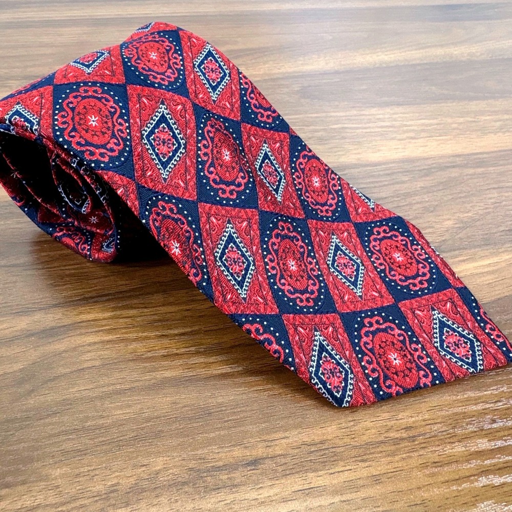 Dominique France Mens Red Navy Blue Diamond Floral Motif Necktie Retro 54"x4"
